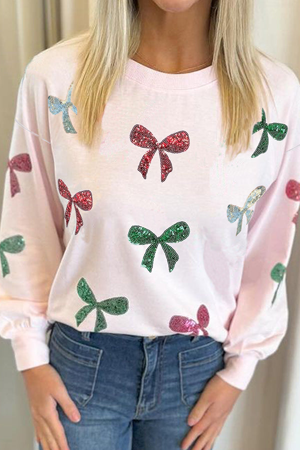 Christmas Sequined Bow Crew Neck Long-sleeved Loose Sweatshirt