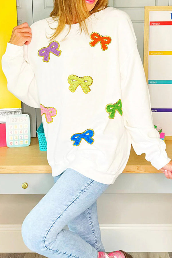 Christmas Sequined Multi-colored Bow Crew Neck Long-sleeved Loose Sweatshirt