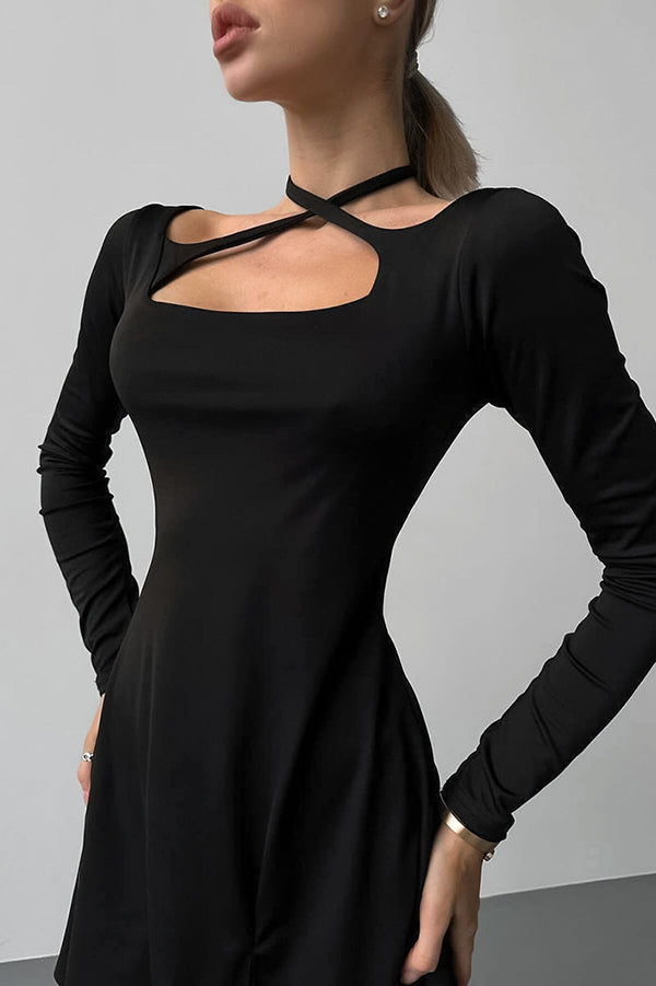 Retro Square Neck Long Sleeve Slim Mini Dress